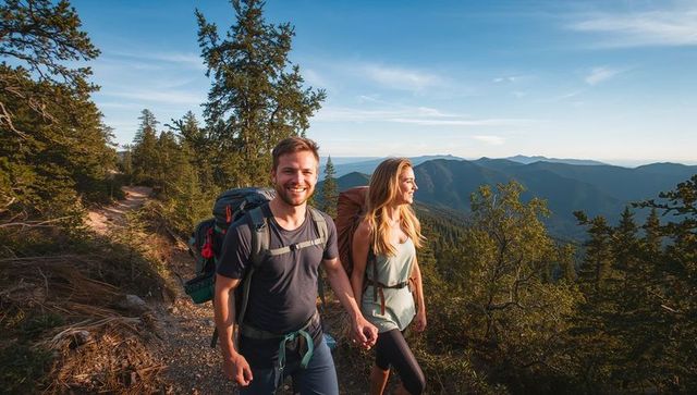 Couple hiking holding hands on mountain ridge trail at golden hour with backpacks