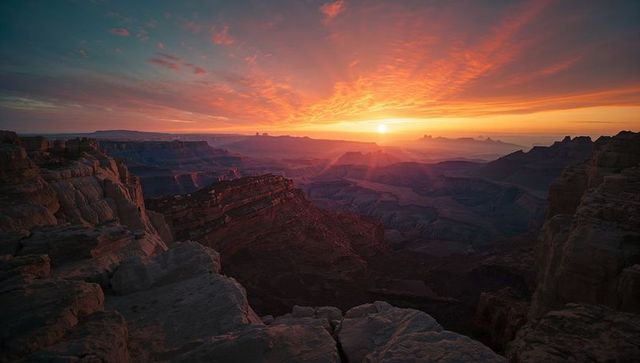 Spectacular Canyon Sunset Casting Rays across Desert Landscape
