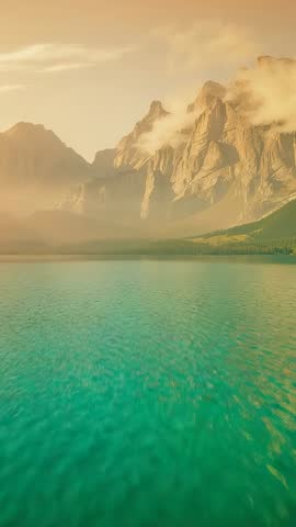 Calming Sunrise Over Turquoise Alpine Lake, Misty Mountains Reflecting in Vertical Video