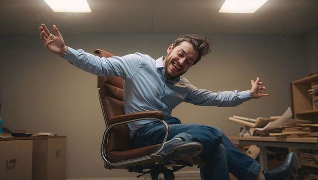 Man leaning back celebrating in office chair, stretching joyfully in workspace