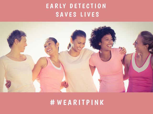 Group of diverse women wearing pink clothing, smiling and embracing each other. Perfect for promoting breast cancer awareness, early detection campaigns, women's health events, and empowerment initiatives.
