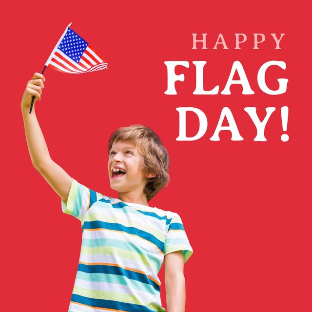 Shows cheerful boy proudly waving American flag against red background. Useful for Flag Day celebrations, patriotic events, marketing materials, educational July Fourth displays, and American pride-focused campaigns.