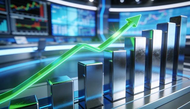 Futuristic metallic 3d bar chart showing rising neon green arrow in trading studio