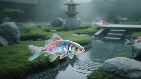 Iridescent Koi Fish Gliding Transition Across Peaceful Zen Pond