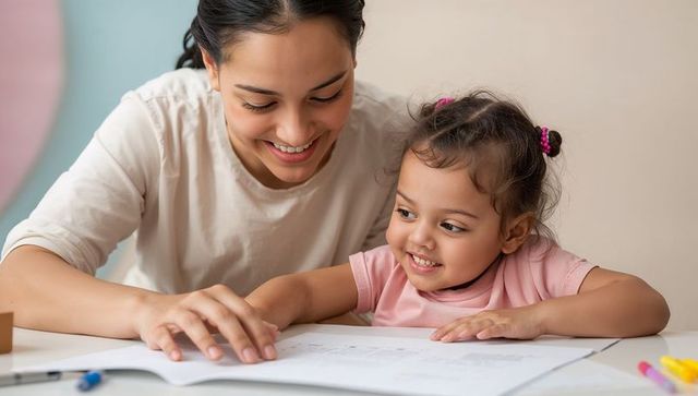 Smiling caregiver guiding preschool girl through workbook activities with crayons at home