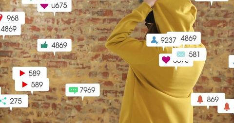 Influencer engagement concept with overlays near brick wall