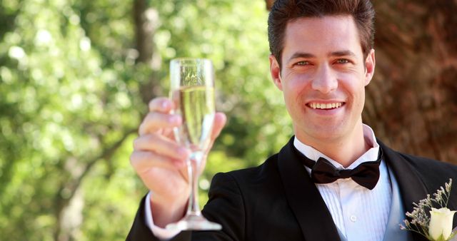 Groom Celebrating with Champagne Toast at Outdoor Wedding - Download Free Stock Images Pikwizard.com