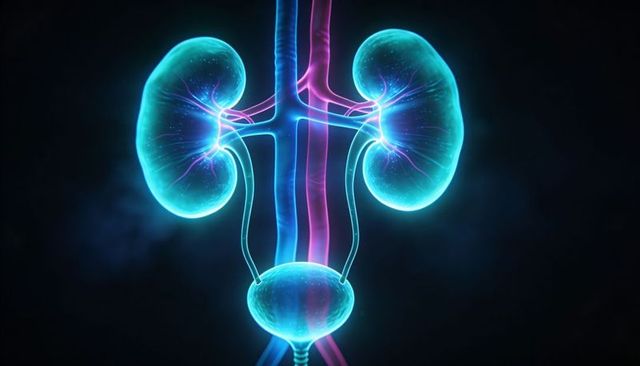 Glowing neon urinary system render highlighting kidneys, ureters and bladder