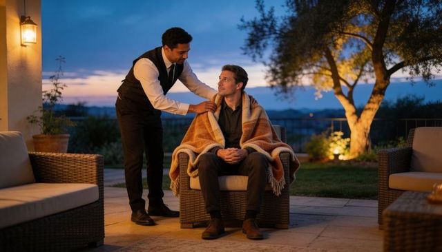 Evening hospitality attendant wrapping guest in cozy woven blanket on illuminated terrace