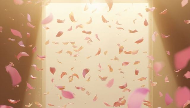 Floating pink peach petals in golden sunbeams, ethereal romantic floral background