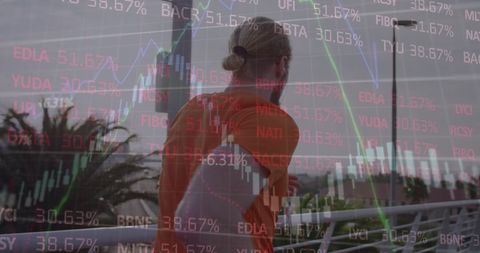 Digital Financial Data Overlaid On City Runner