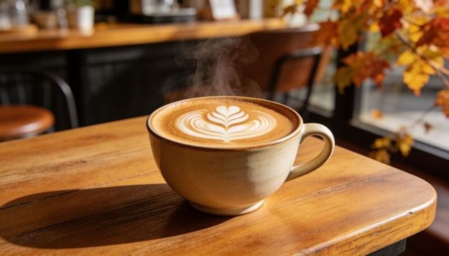 Steaming latte with leaf latte art on sunlit wooden table by cozy cafe window