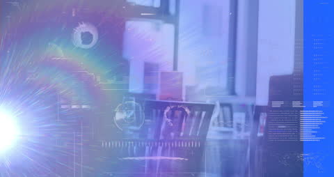 Futuristic Digital Interface with Light Trails in Modern Office