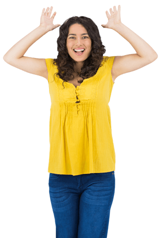 Smiling Woman in Yellow Top Hands Up Transparent Background