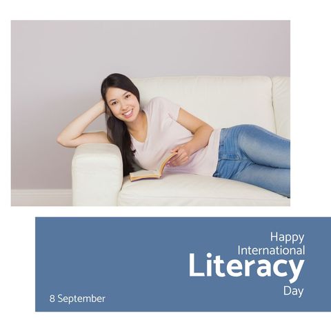 smiling woman relaxing with book on international literacy day - Download Free Stock Templates Pikwizard.com
