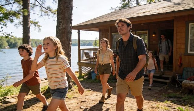 Family walking to lakeshore from rustic cabin on sunlit summer day, kids leading outdoor adventure