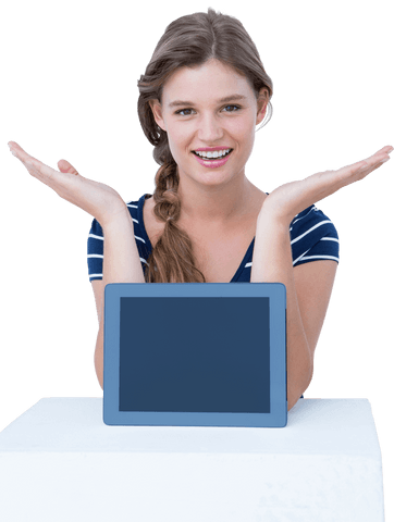 Smiling Woman with Transparent Tablet for Product Display