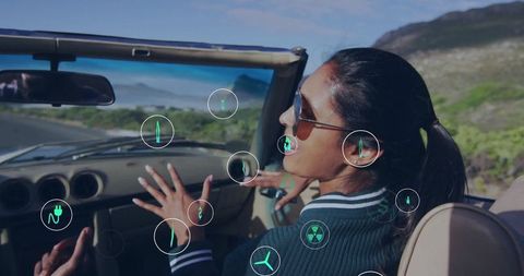 Ecology Icons with Happy Woman Enjoying Road Trip in Convertible