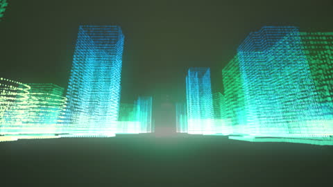 Futuristic Digital Cityscape with Abstract Green Light Effects