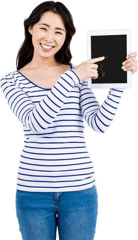 Cheerful woman presenting tablet on transparent background