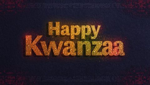 Glowing Happy Kwanzaa Text with Gold Glitter Sparkles on Dark Navy Background