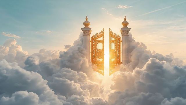 Floating golden gates opening above sunlit clouds with ornate columns and sunbeams