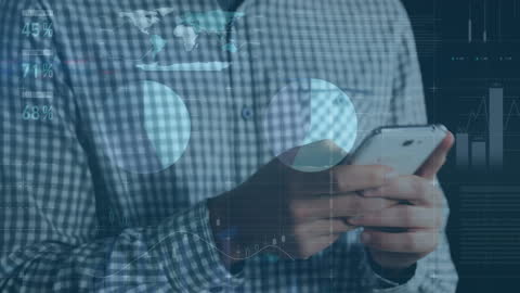 Hands Using Smartphone Overlaid with Financial Data and Graphs