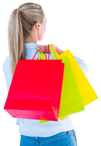 Transparent shopping scene with colorful bags and smiling shopper