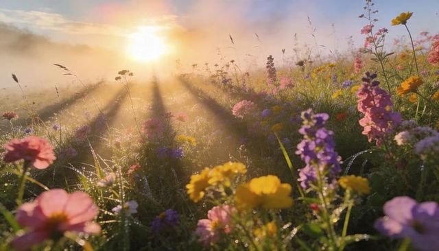 Sunrise rays shining through dew-covered wildflower meadow with mist and backlit blooms