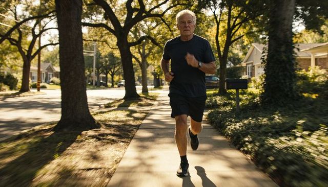 Active senior man jogging on tree-lined suburban sidewalk during golden hour, healthy living