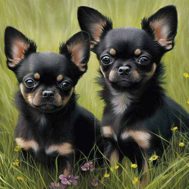 Close up of two cute black chihuahua dogs in field, created using generative ai technology. Dog and pet animal concept digitally generated image.