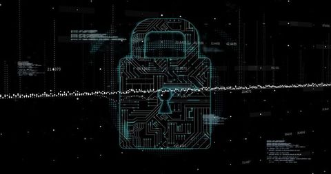 Cybersecurity Concept with Digital Circuit Padlock and Data Overlays