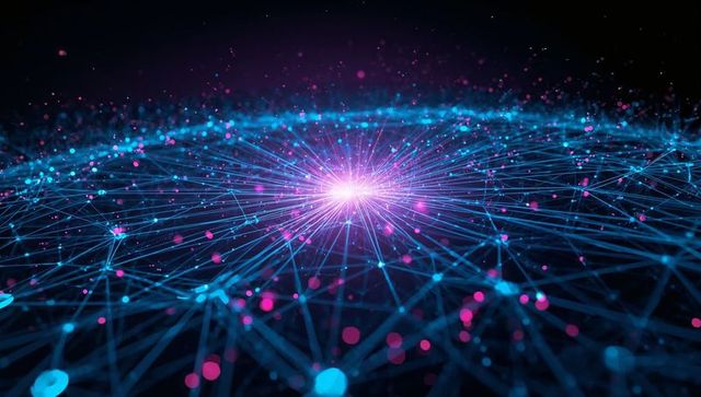 Radiating neural network core emitting neon blue connections and magenta data flux