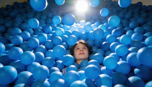 Gazing teen rising from cerulean ball pit under overhead light, serene contemplation