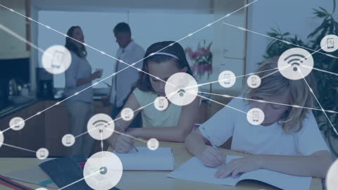 Children Engaged in Homework with Digital Technology Overlay