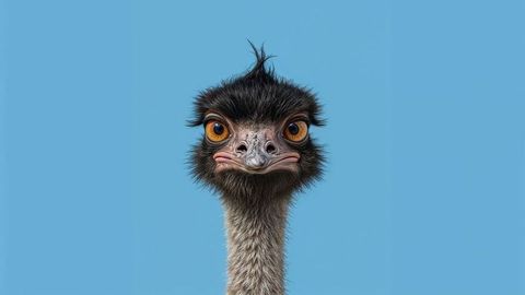 Emu head portrait against light blue backdrop