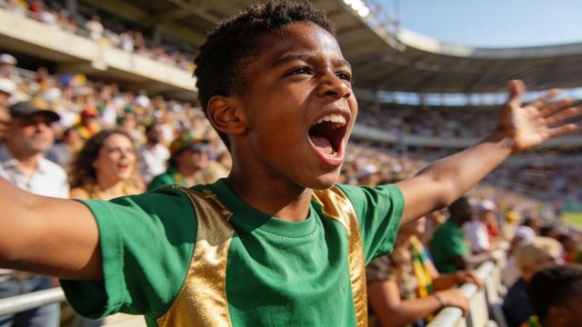 Young black fan cheering with arms raised in packed stadium crowd celebrating goal