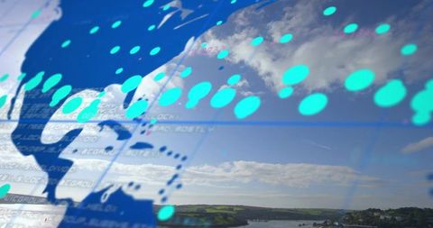 Digital globe connecting data nodes overlaying coastal estuary and rural landscape