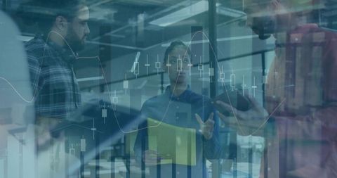 Team discussing strategy with transparent financial charts overlay