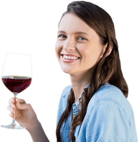 Smiling woman holding glass of red wine on transparent background