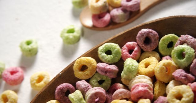 Colorful Breakfast Cereal in Wooden Bowl and Spoon - Download Free Stock Images Pikwizard.com