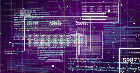 Futuristic cyber grid visualizing data dashboard, pixel matrix, neon panels, floating code