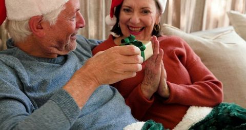 Senior Couple Exchanging Holiday Gifts in Cozy Home Setting