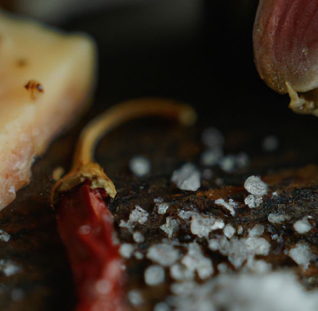Image of close up of food with chilli pepper and rock salt on wooden background. Cooking, cuisine and food concept.