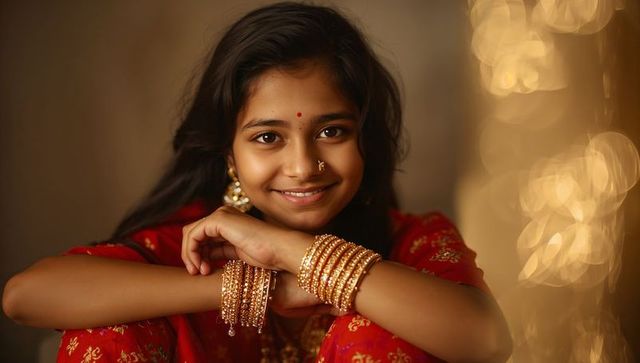 Smiling young girl wearing red traditional dress and gold bangles with festive bokeh