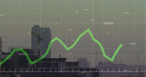 Green Growth Line Chart Overlaying Hazy City Skyline Showing Construction Crane and Grid