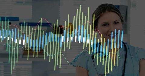 Smiling nurse monitoring clinical data overlay with stethoscope and digital dashboards