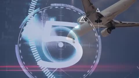 Futuristic Countdown with Jet Descending in Cloudy Sky