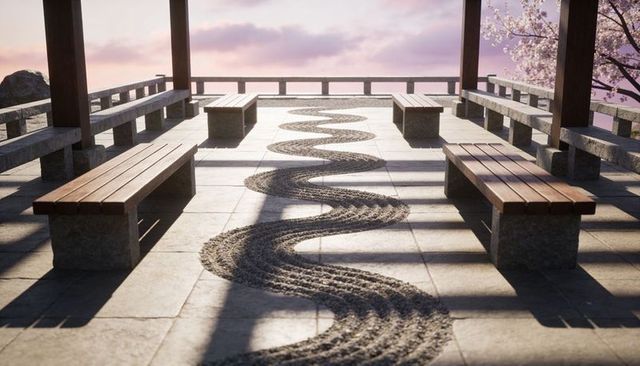Leading sinuous raked gravel path through wooden pavilion with cherry blossom sunset