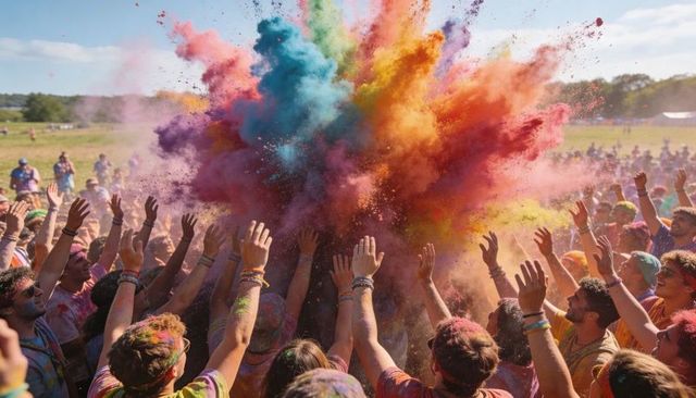 Festivalgoers celebrating color explosion throwing vivid powder clouds over sunlit meadow